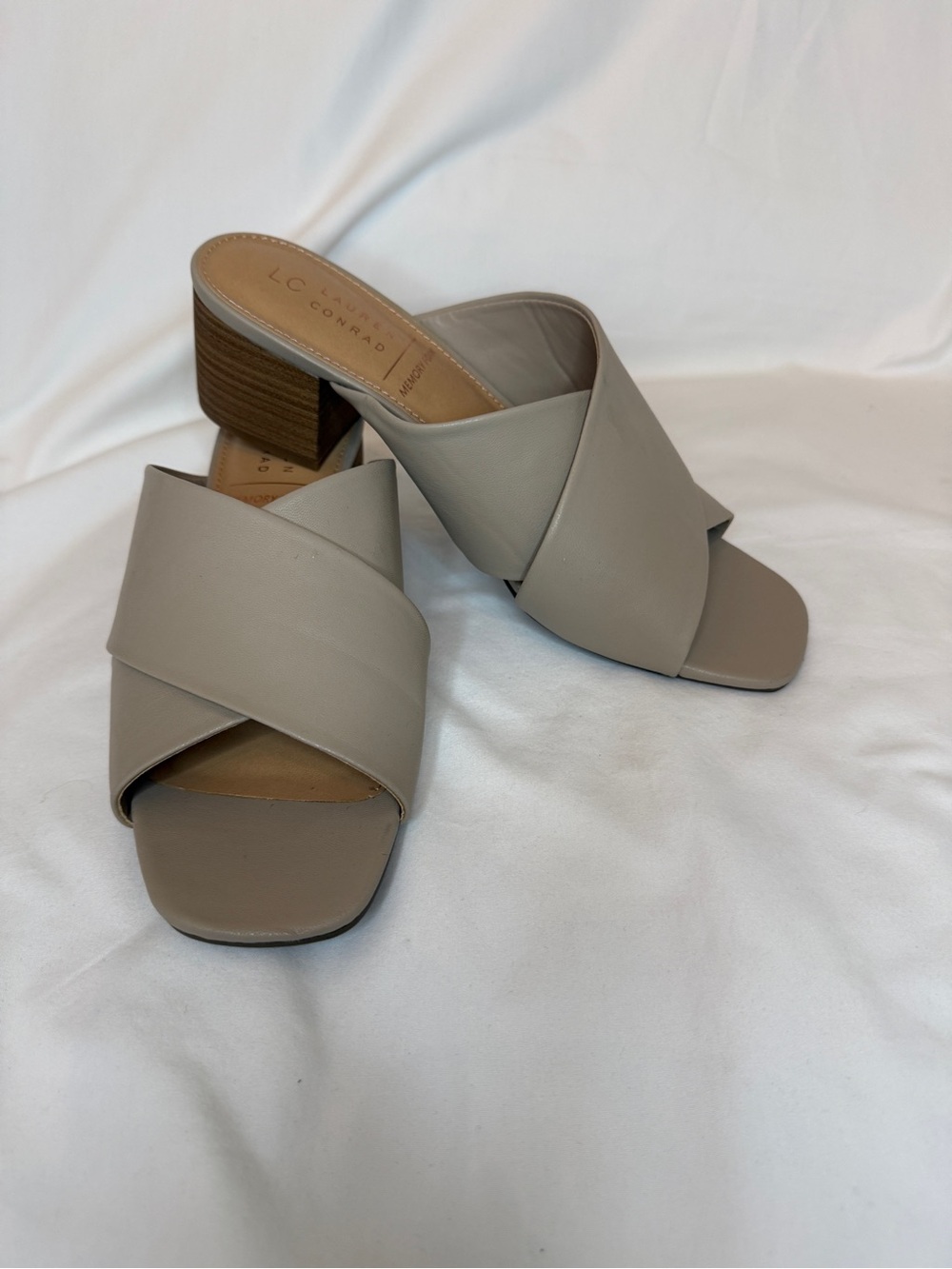 LC Lauren Conrad Taupe Crisscross Mule Sandals